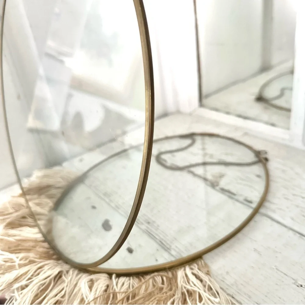 Vintage Style Brass Look Frame Oval Fringe Bottom Clear Glass Photo Picture Boho